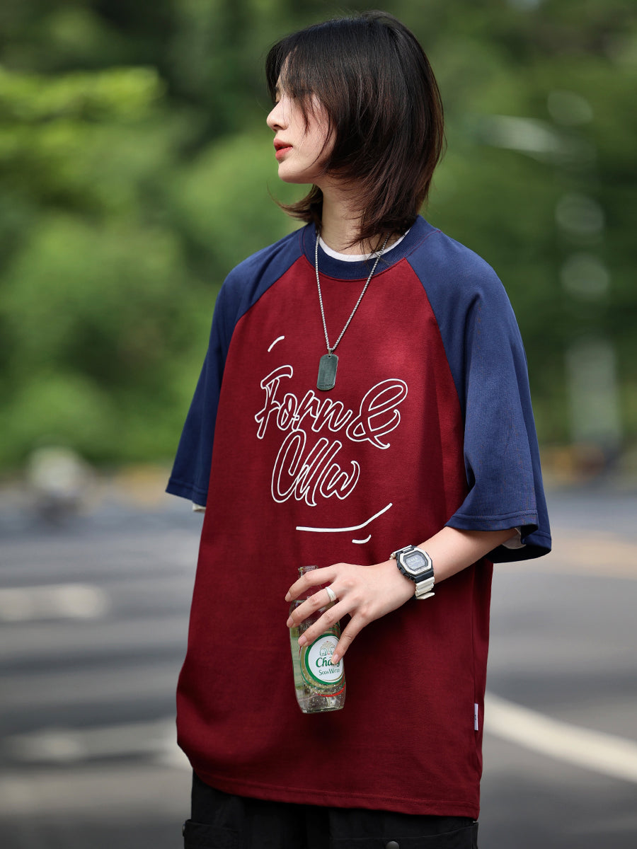 【Oneblue Shop】男女兼用のカラーブロックドロップショルダーショートスリーブTシャツ LS070805