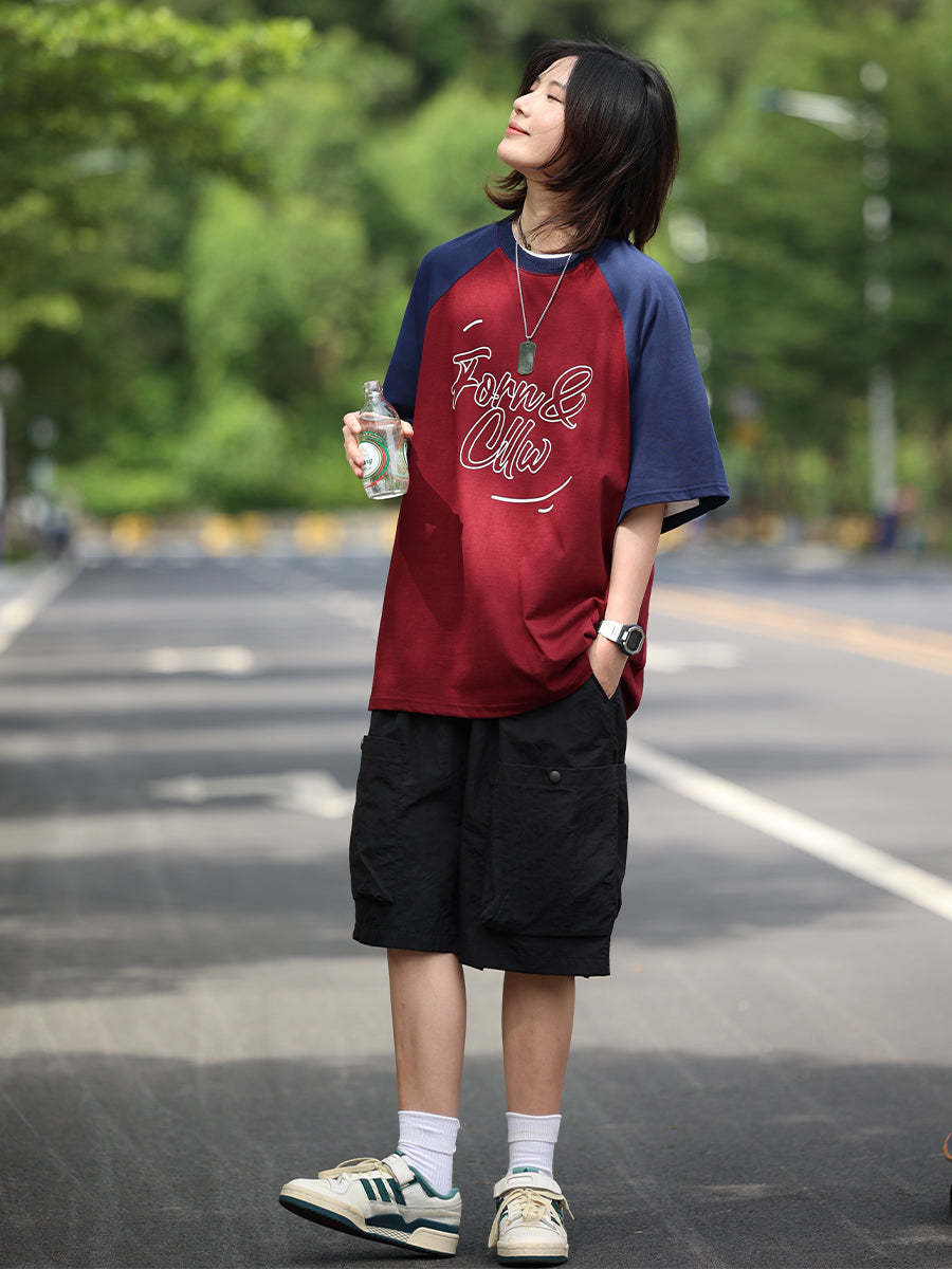【Oneblue Shop】男女兼用のカラーブロックドロップショルダーショートスリーブTシャツ LS070805