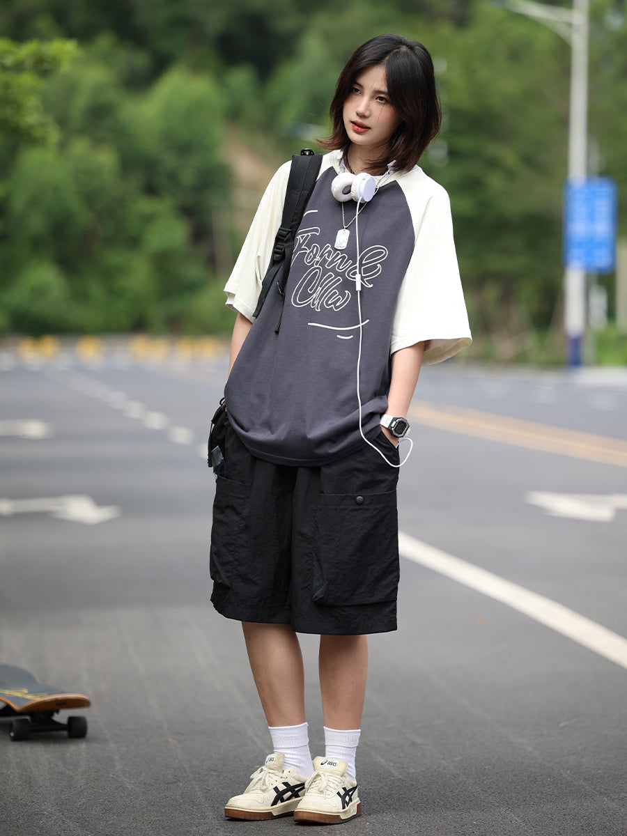 【Oneblue Shop】男女兼用のカラーブロックドロップショルダーショートスリーブTシャツ LS070805