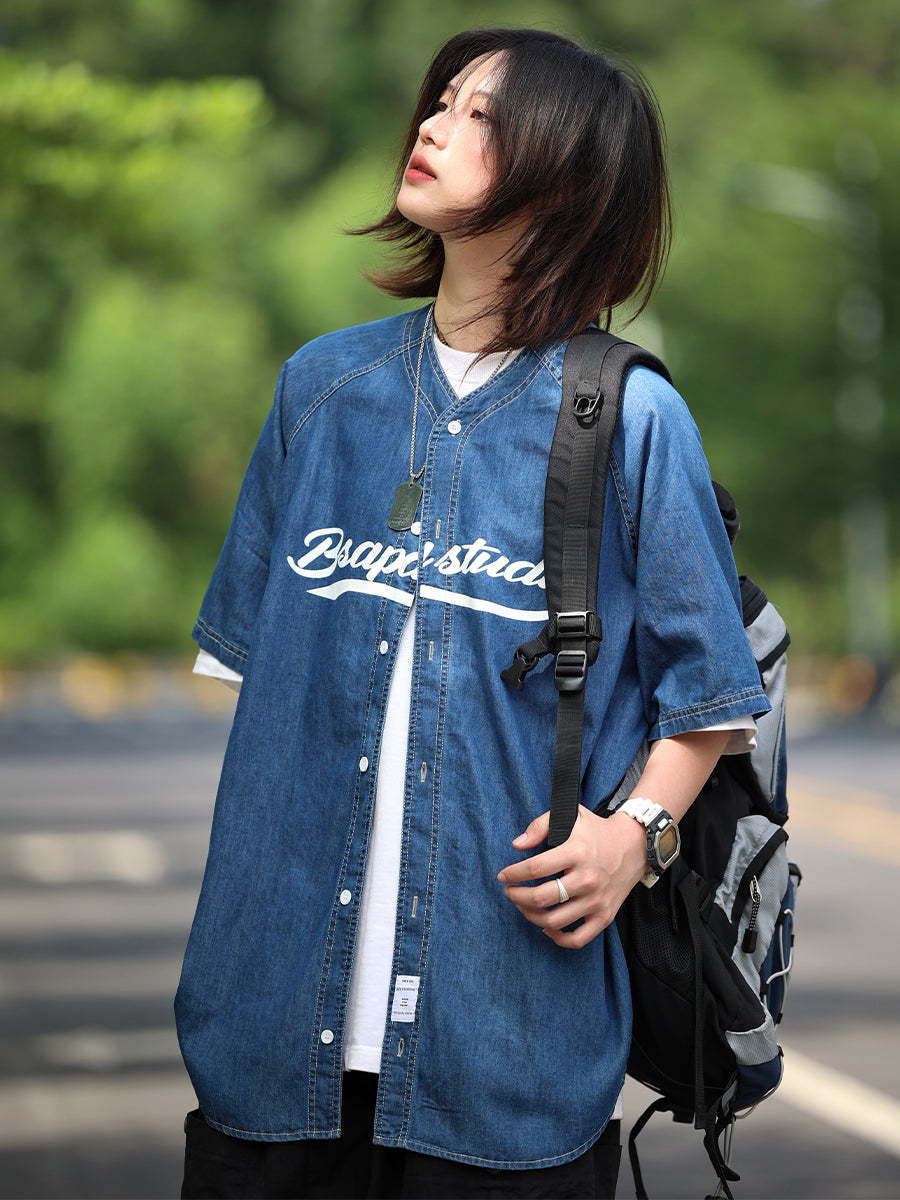 【Oneblue shop】デニムカバーオール ショートスリーブシャツ ゆったりした夏用シャツ ls236181