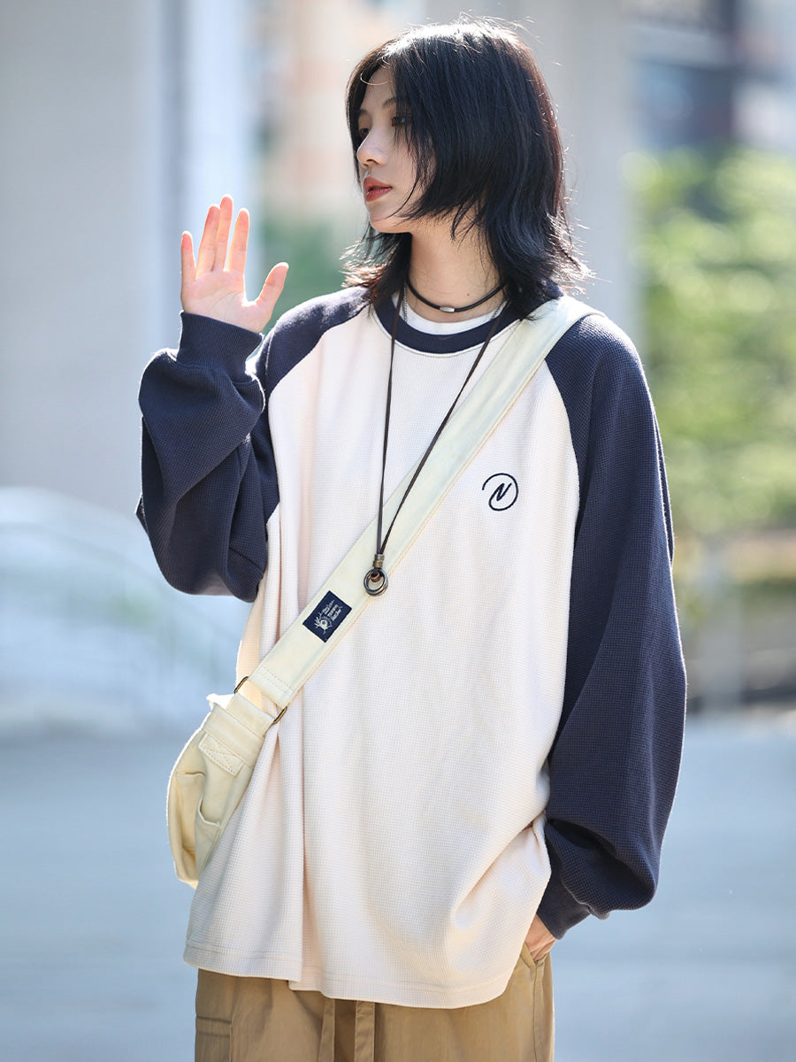 【Oneblue Shop】レトロカラフルな秋用ラウンドネックロングスリーブスウェットシャツ LS372501