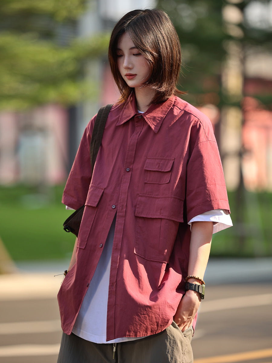 【Oneblue Shop】無地ワークシャツ 半袖 ゆったり 夏 LS060401