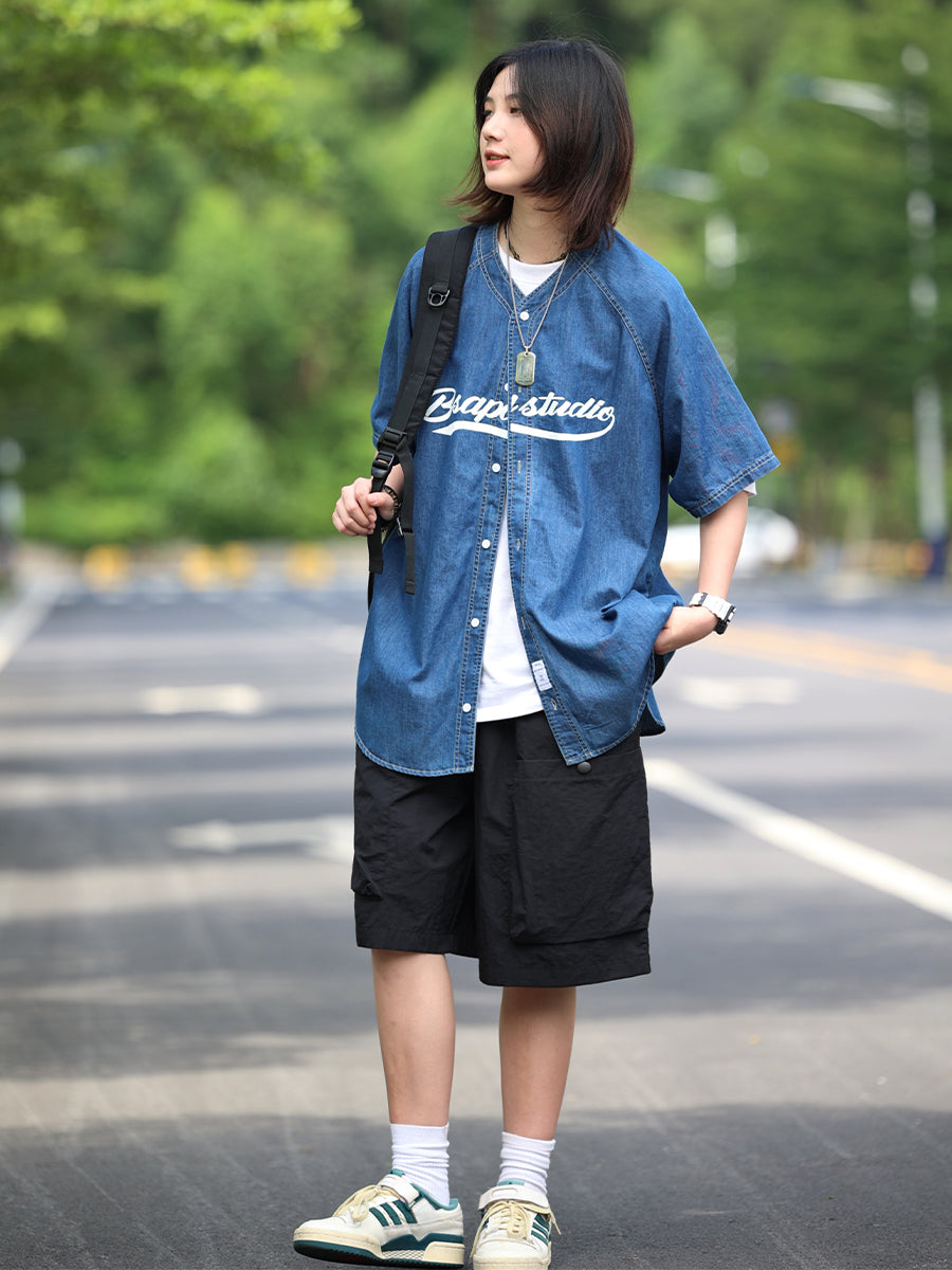 【Oneblue shop】デニムカバーオール ショートスリーブシャツ ゆったりした夏用シャツ ls236181