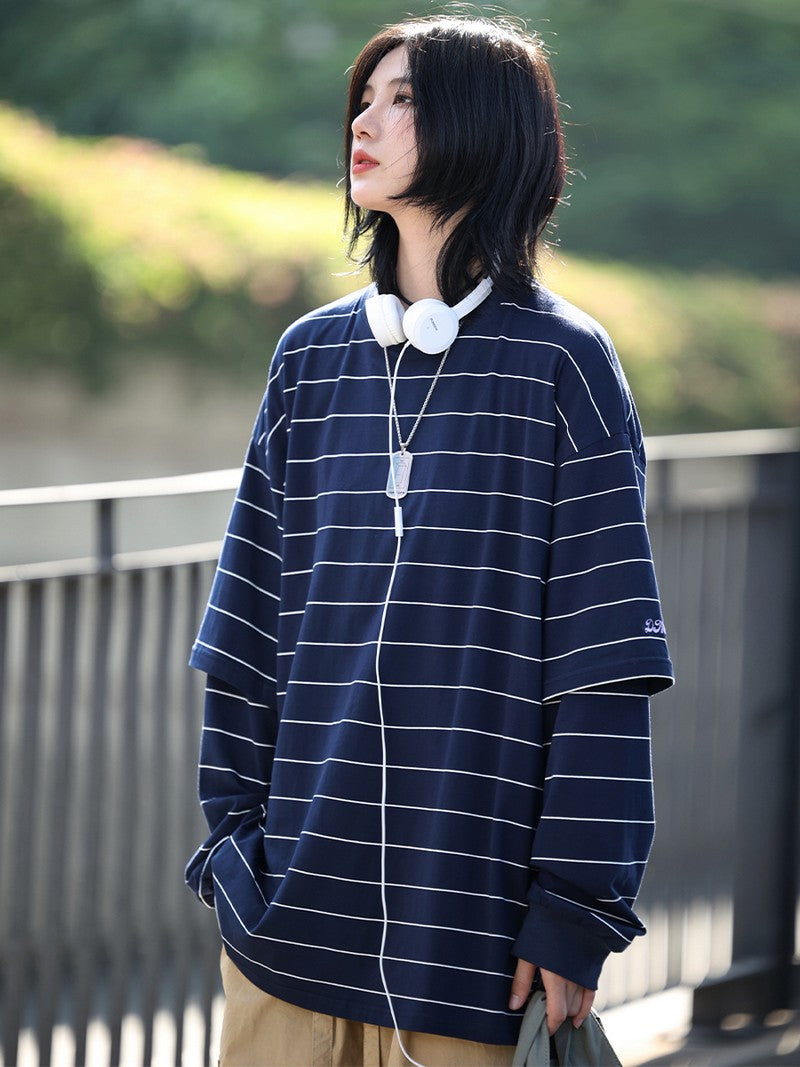 【Oneblue Shop】ストライプ スウェットシャツ LS2373101