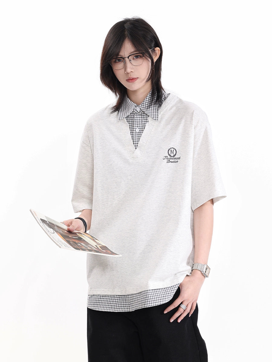 【Oneblue Shop】フェイクツーウェイ/チェック柄ミックス/ポロシャツ/ボタンダウンカラー/半袖/2025夏新作 LS2505062