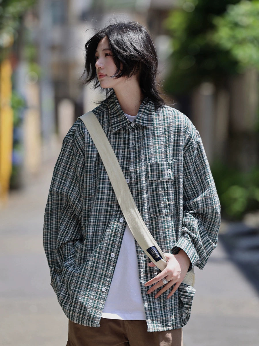 【Oneblue Shop】チェック柄長袖シャツジャケット / Long Sleeve Shirt LS2407286