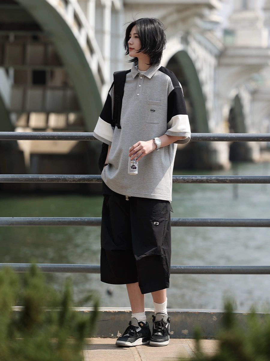 【Oneblue Shop】NCLLW カラーブロックショートスリーブポロシャツ LS2404032