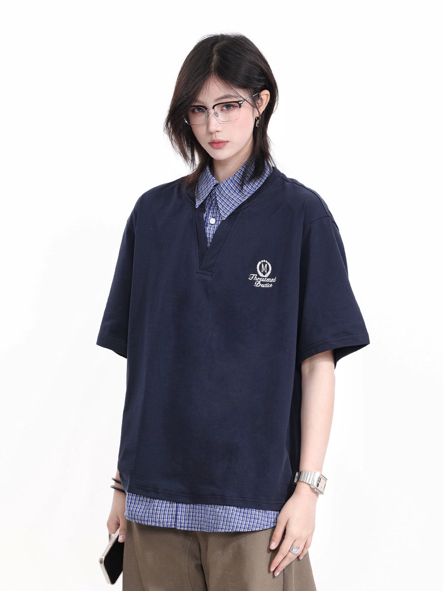 【Oneblue Shop】フェイクツーウェイ/チェック柄ミックス/ポロシャツ/ボタンダウンカラー/半袖/2025夏新作 LS2505062