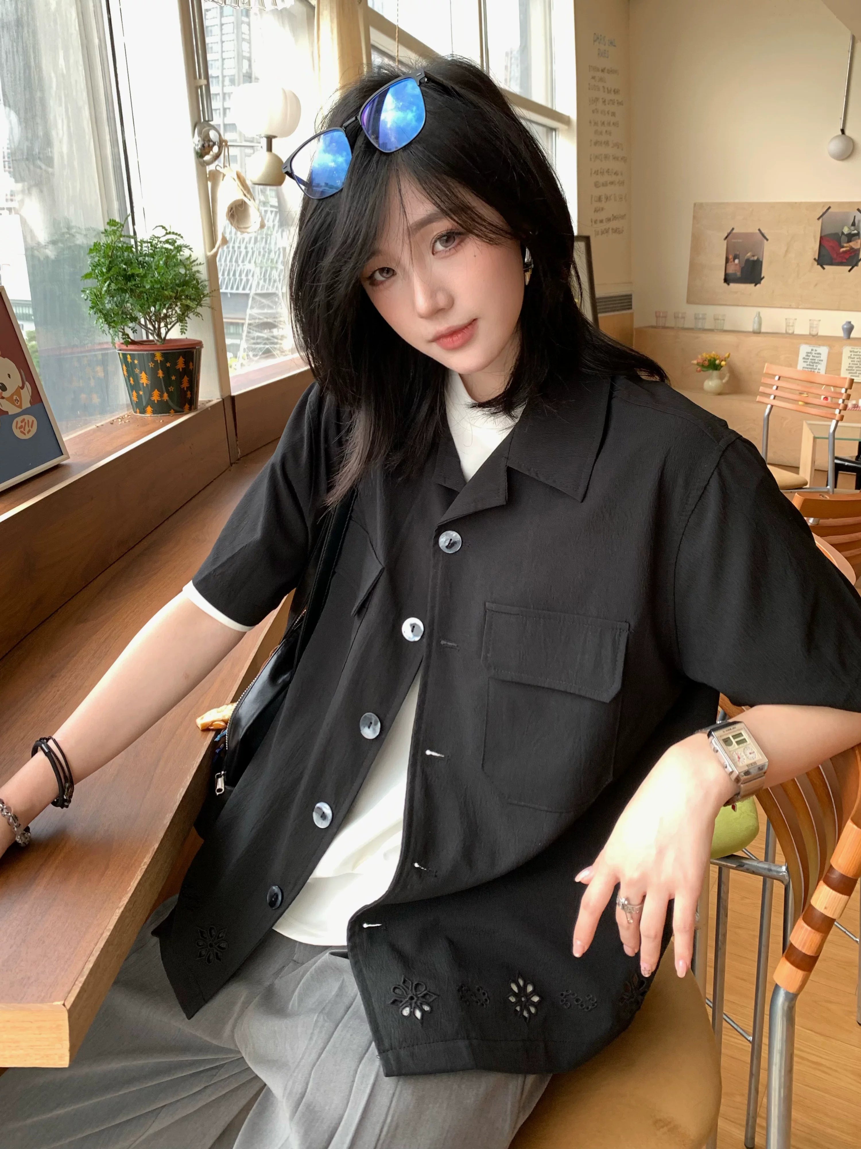 Oneblue Shop】フラワーカットオープンシャツ / FLOWER CUT OPEN SHIRT