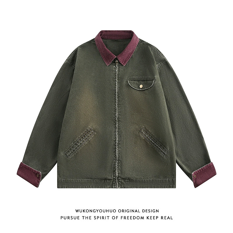 【Oneblue Shop】キャンバス ウォッシュド カラーブロック スタンドカラー ジャケット LS2502181