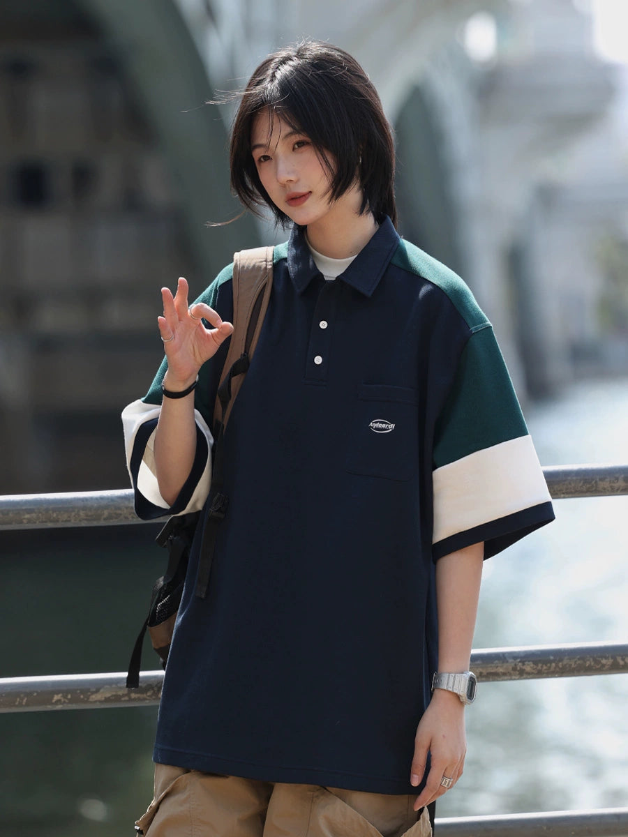【Oneblue Shop】NCLLW カラーブロックショートスリーブポロシャツ LS2404032