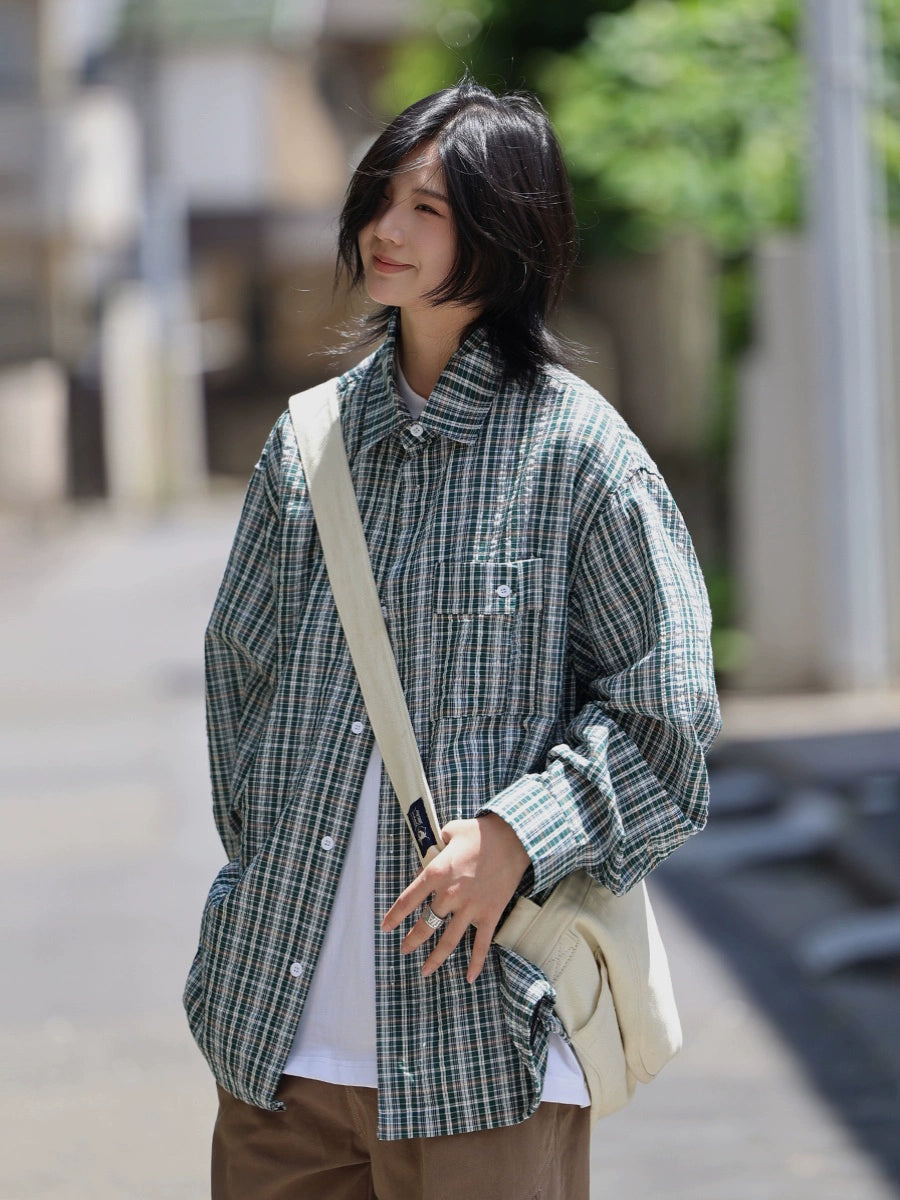 【Oneblue Shop】チェック柄長袖シャツジャケット / Long Sleeve Shirt LS2407286