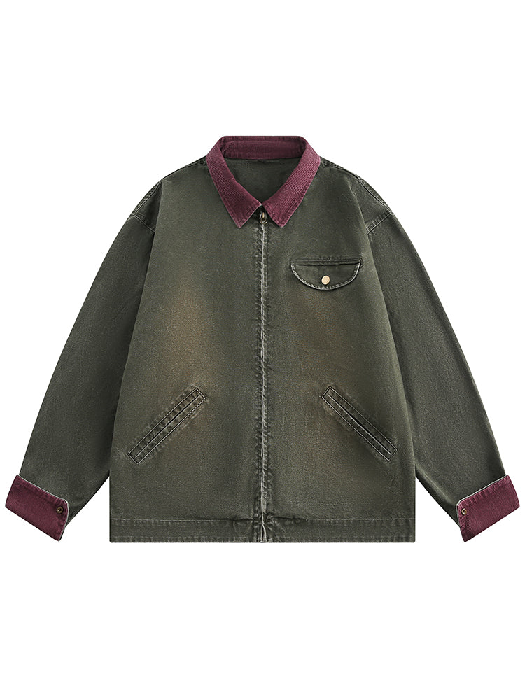【Oneblue Shop】キャンバス ウォッシュド カラーブロック スタンドカラー ジャケット LS2502181