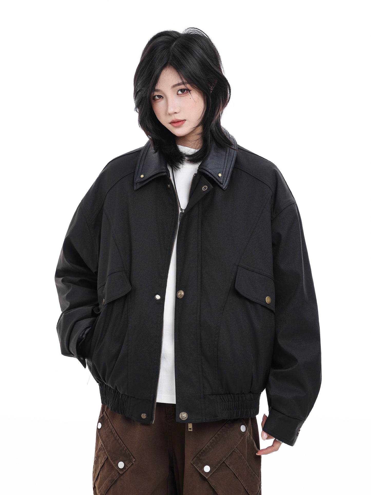 【Oneblue Shop】レザーカラー ワーク パディングブルゾン / デタッチャブル フライトジャケット LS2601082