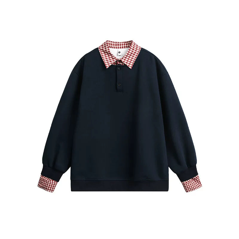 【oneblue Shop】【2way风】フェイクレイヤード チェック柄 襟付き スウェット / ビッグシルエット ポロプルオーバー