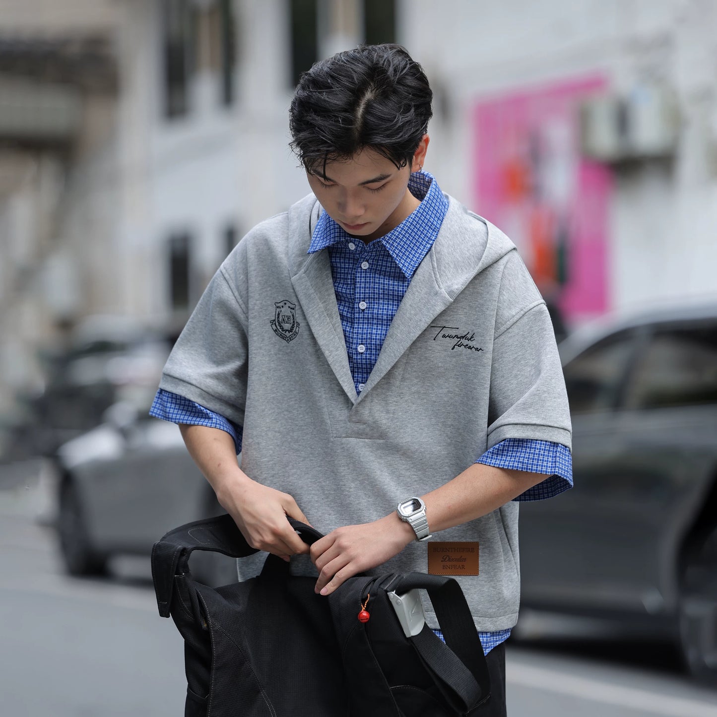 【Oneblue Shop】フェイクレイヤード 重ね着風 半袖 フーディー プルオーバー(3Colors)241835