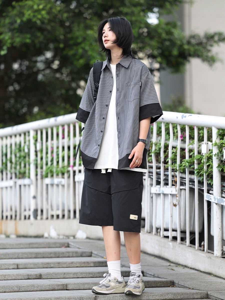 【Oneblue shop】ボーダー柄の二枚仕立てシャツTシャツ-T-shirt LS24060513