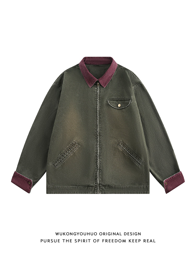 【Oneblue Shop】キャンバス ウォッシュド カラーブロック スタンドカラー ジャケット LS2502181