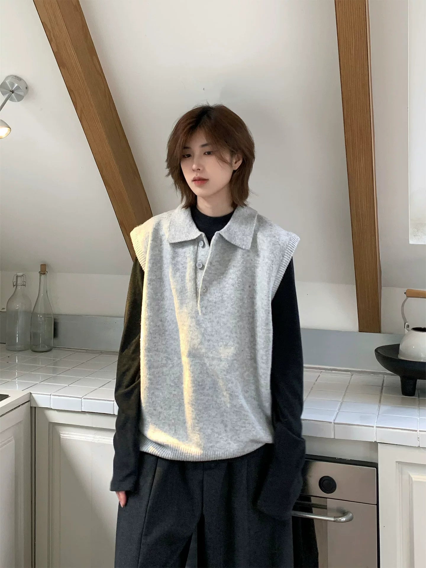 【Oneblue Shop】Vネック ニット ベスト ノースリーブ(3Colors)241595