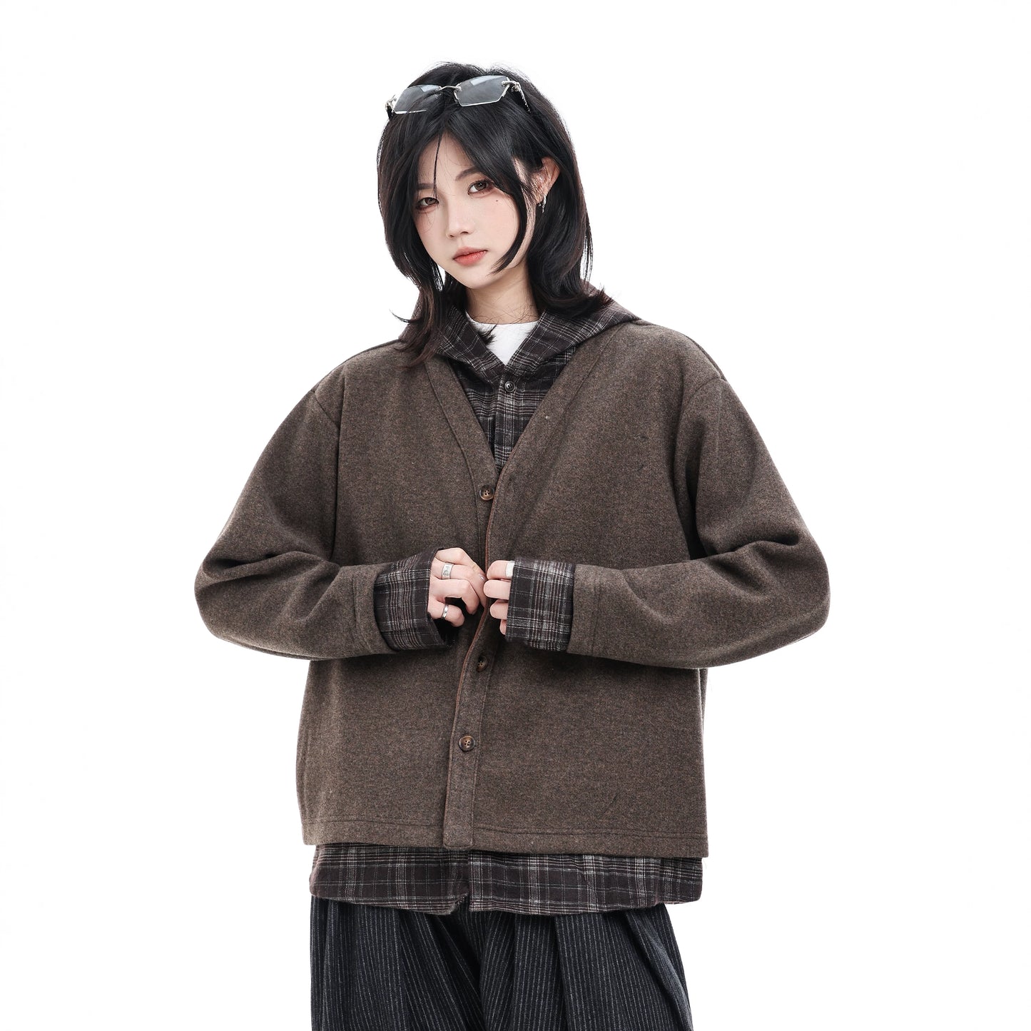 【Oneblue shop】【2way風】フェイクレイヤード フーデッドブルゾン / ビッグシルエット 重ね着風アウター LS2601095