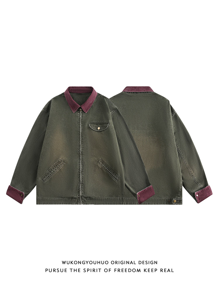 【Oneblue Shop】キャンバス ウォッシュド カラーブロック スタンドカラー ジャケット LS2502181