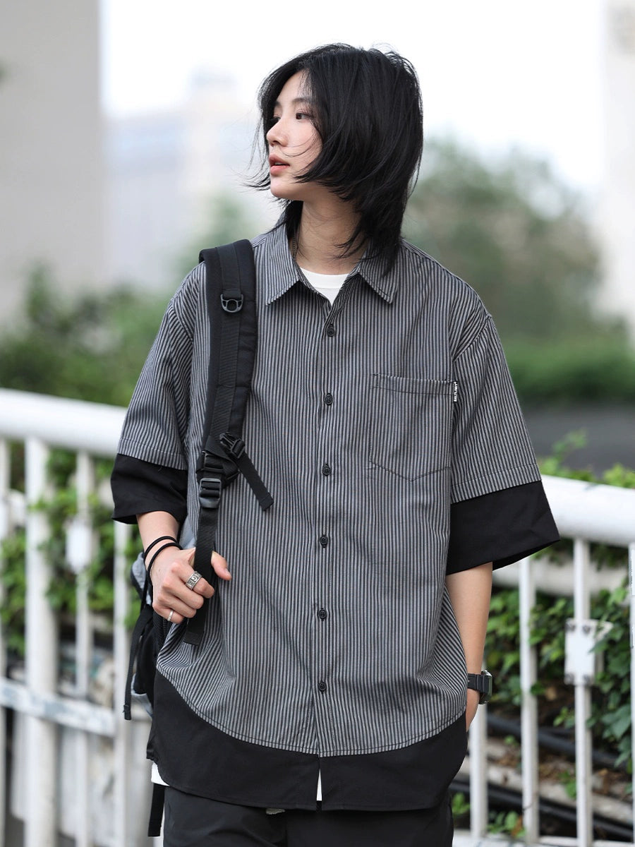 【Oneblue shop】ボーダー柄の二枚仕立てシャツTシャツ-T-shirt LS24060513
