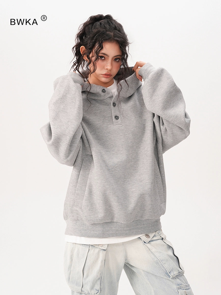 【Oneblue Shop】ダブルカラー ボタン付き フードスウェット LS241101