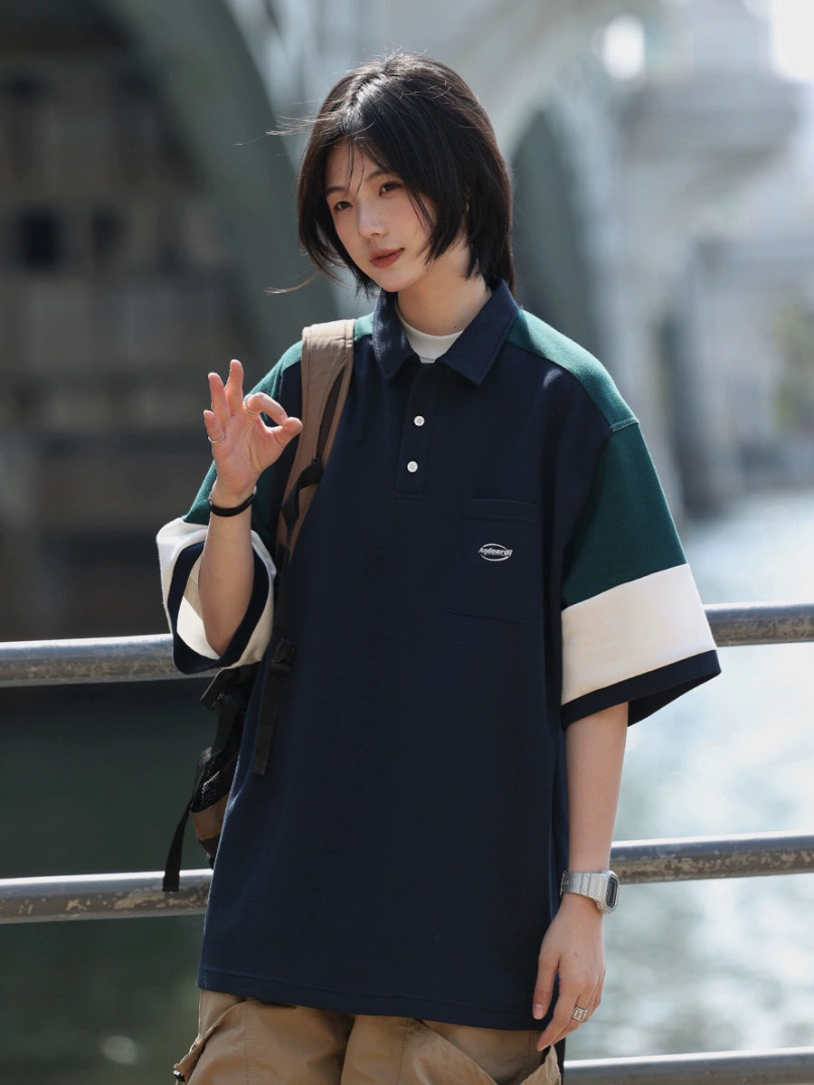 【Oneblue Shop】NCLLW カラーブロックショートスリーブポロシャツ LS2404032