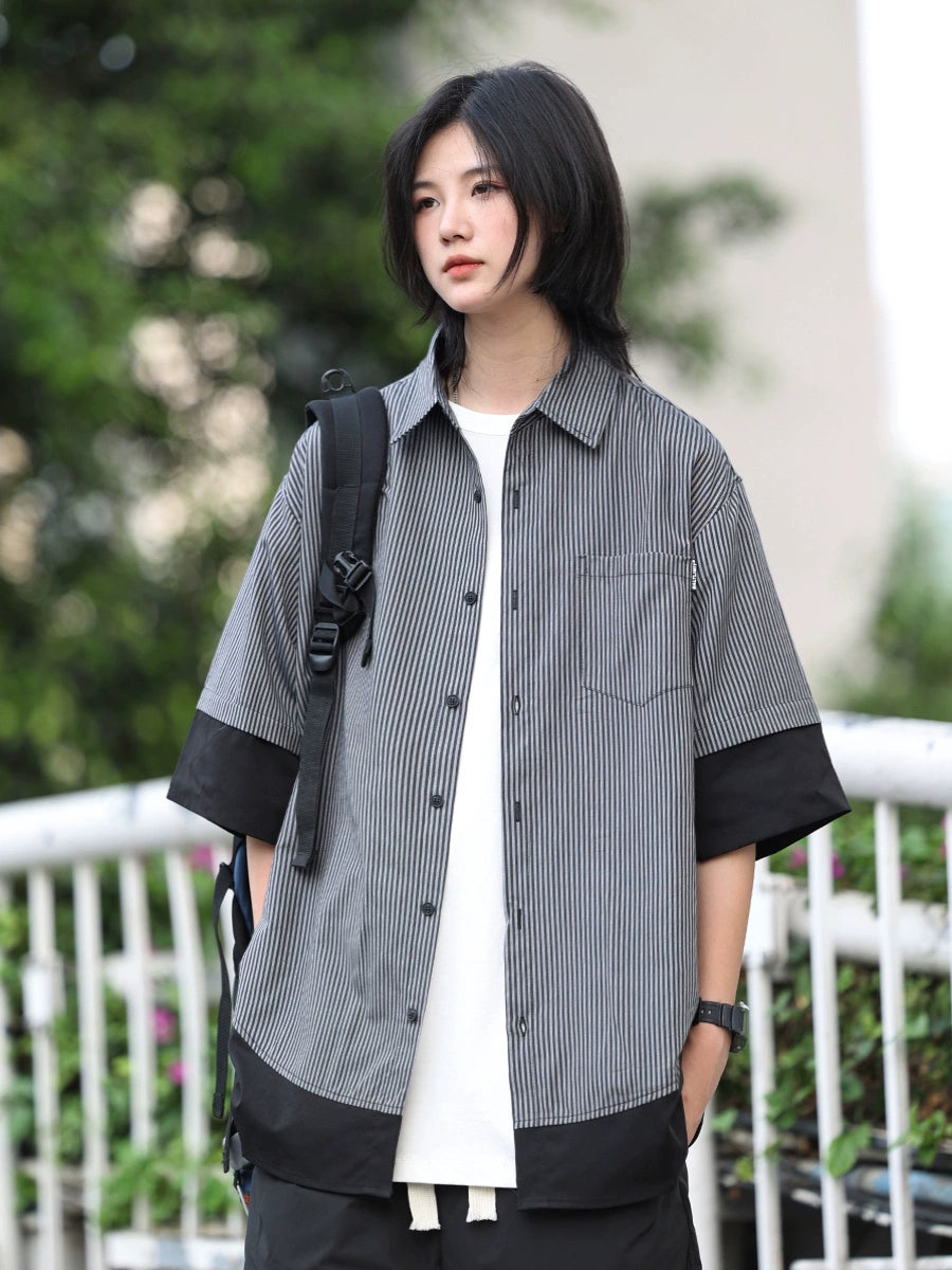【Oneblue shop】ボーダー柄の二枚仕立てシャツTシャツ-T-shirt LS24060513