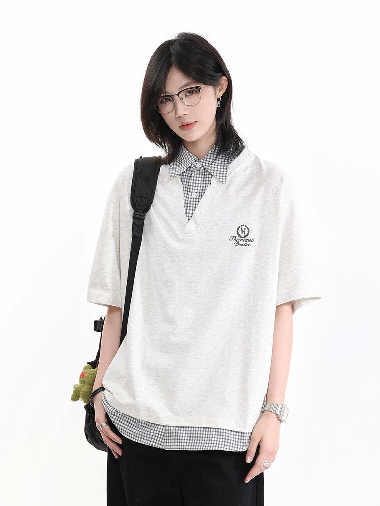 【Oneblue Shop】フェイクツーウェイ/チェック柄ミックス/ポロシャツ/ボタンダウンカラー/半袖/2025夏新作 LS2505062