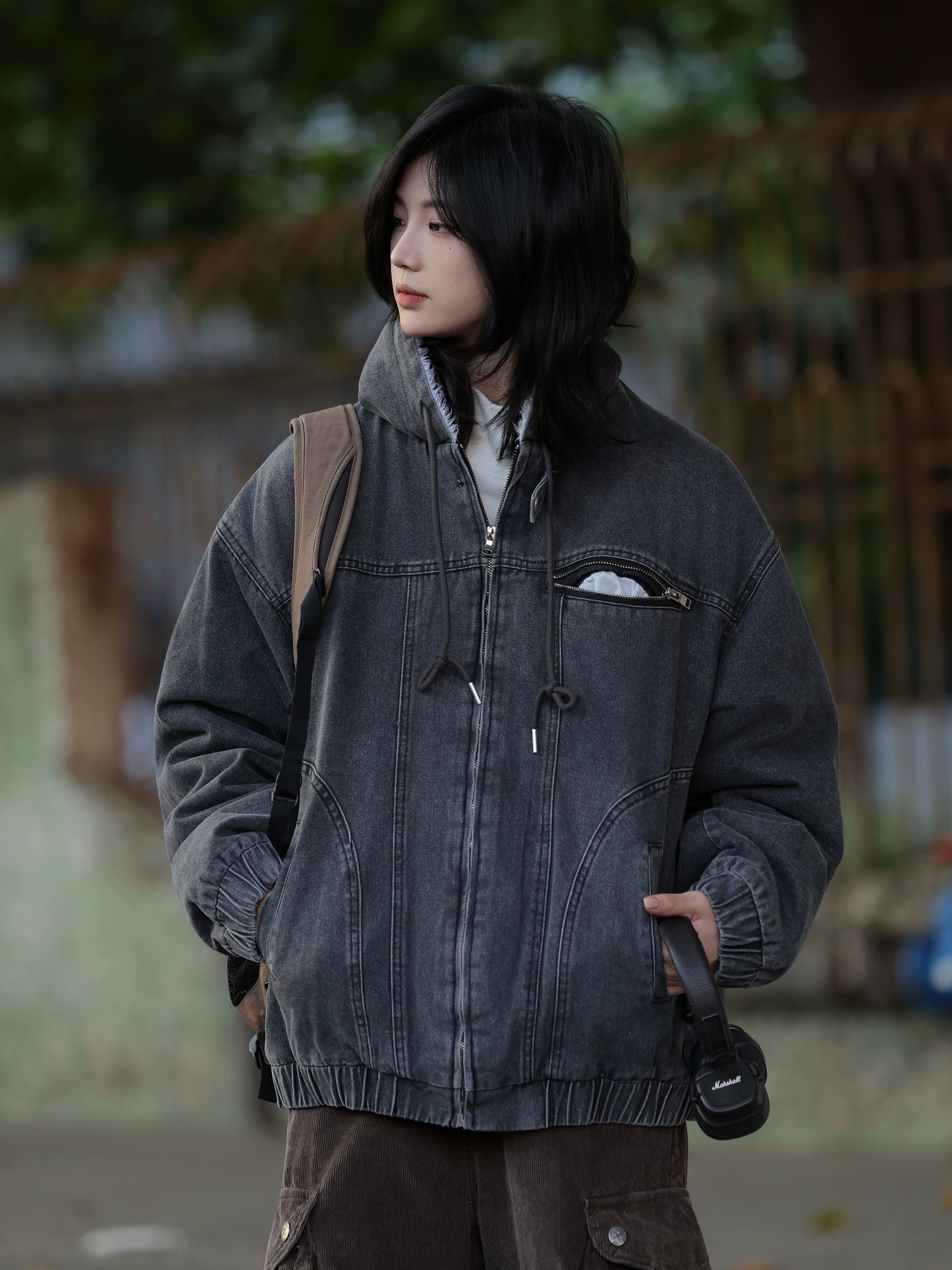 【Oneblue Shop】ボアライニングデニムフーデッドジャケット / Boa-Lined Denim Hooded Jacket LS2601168