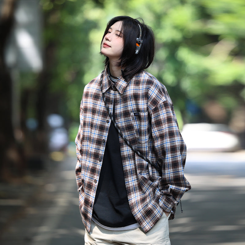 【Oneblue Shop】格子縞シャツ 春 アウター シャツ ゆったり