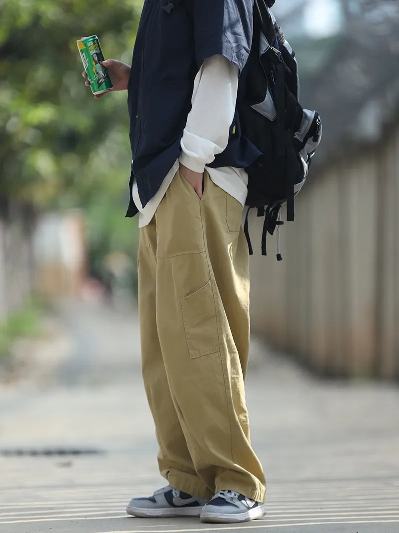 【Oneblue Shop】カーゴパンツ 男女通用 海外トレンド 無地 レギュラー丈 レギュラーウエスト ポケットデザイン LS24008