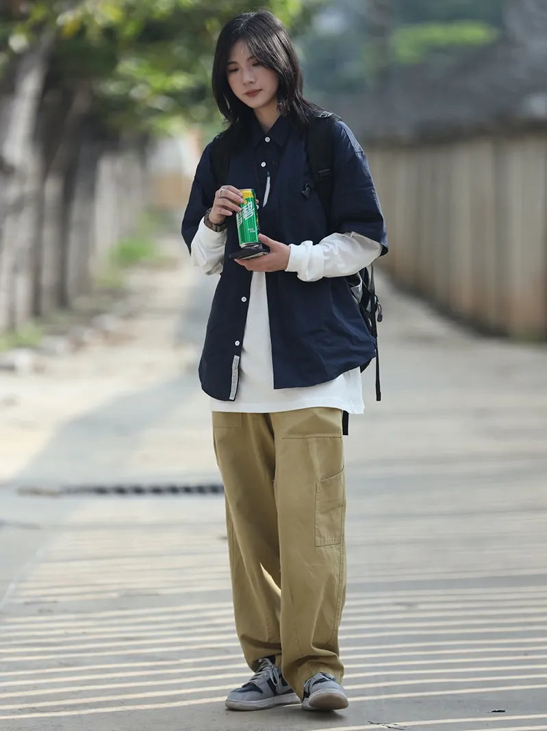 【Oneblue Shop】カーゴパンツ 男女通用 海外トレンド 無地 レギュラー丈 レギュラーウエスト ポケットデザイン LS24008