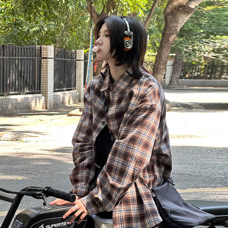 【Oneblue Shop】格子縞シャツ 春 アウター シャツ ゆったり