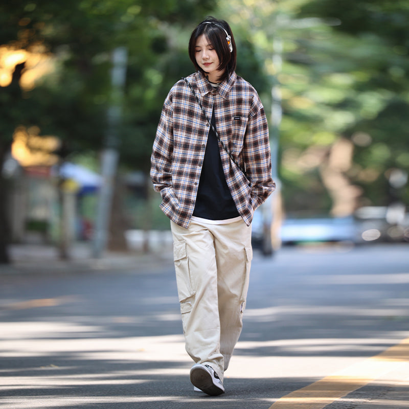 【Oneblue Shop】格子縞シャツ 春 アウター シャツ ゆったり