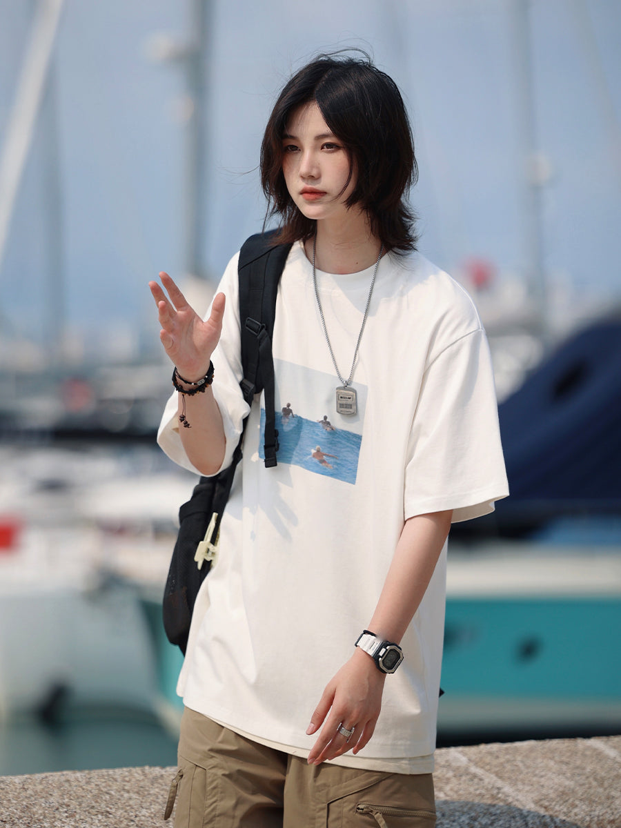 【Oneblue Shop】ゆるい 半袖カットソー ワッペン プリント Tシャツ ls040901