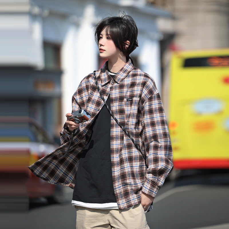 【Oneblue Shop】格子縞シャツ 春 アウター シャツ ゆったり