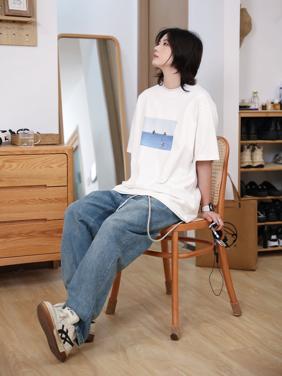 【Oneblue Shop】ゆるい 半袖カットソー ワッペン プリント Tシャツ ls040901