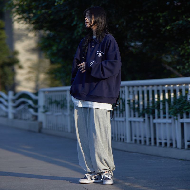 【Oneblue Shop】ンポロシャツ和風コントラストカラー襟ルーズ長袖Tシャツユニセック ls102101スメンズ・レディーストップ