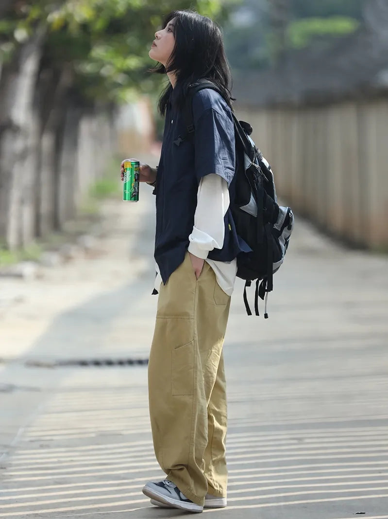 【Oneblue Shop】カーゴパンツ 男女通用 海外トレンド 無地 レギュラー丈 レギュラーウエスト ポケットデザイン LS24008