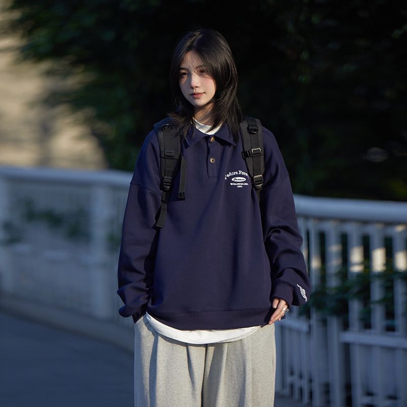 【Oneblue Shop】ンポロシャツ和風コントラストカラー襟ルーズ長袖Tシャツユニセック ls102101スメンズ・レディーストップ