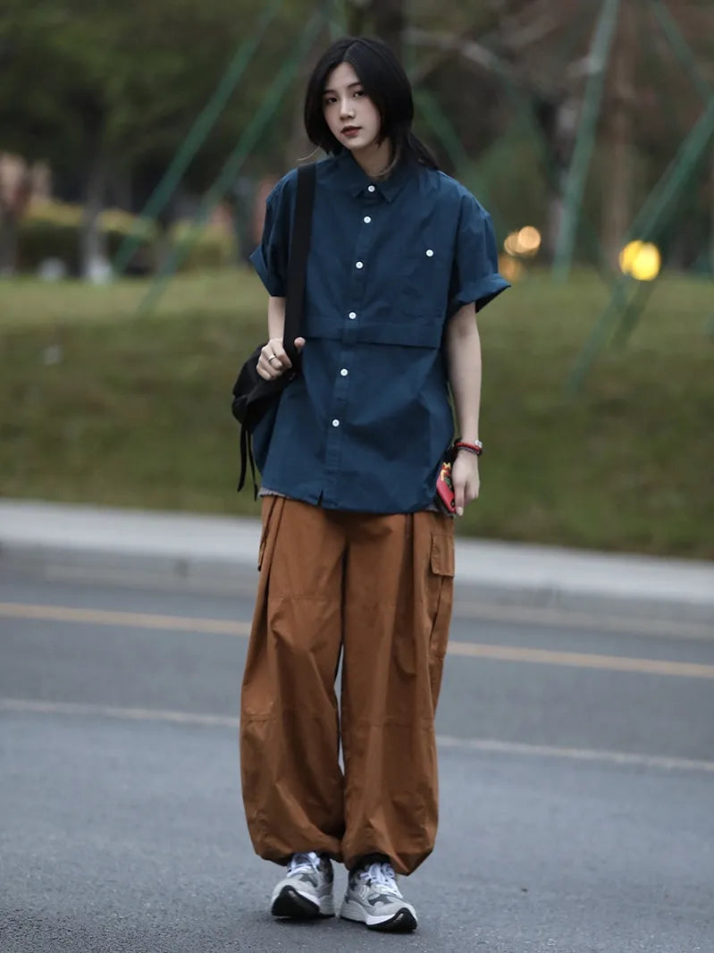 Oneblue Shop/Cargo Pants Unisex Overseas Trend Plain Regular Length Regular Waist Pocket Design