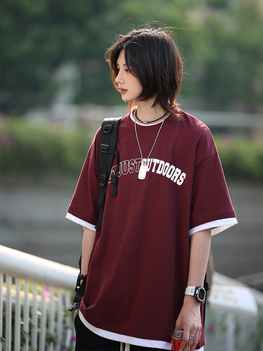 [Oneblue Shop] Simple short-sleeved T-shirt couple 300g heavy fake two clothes LS051401