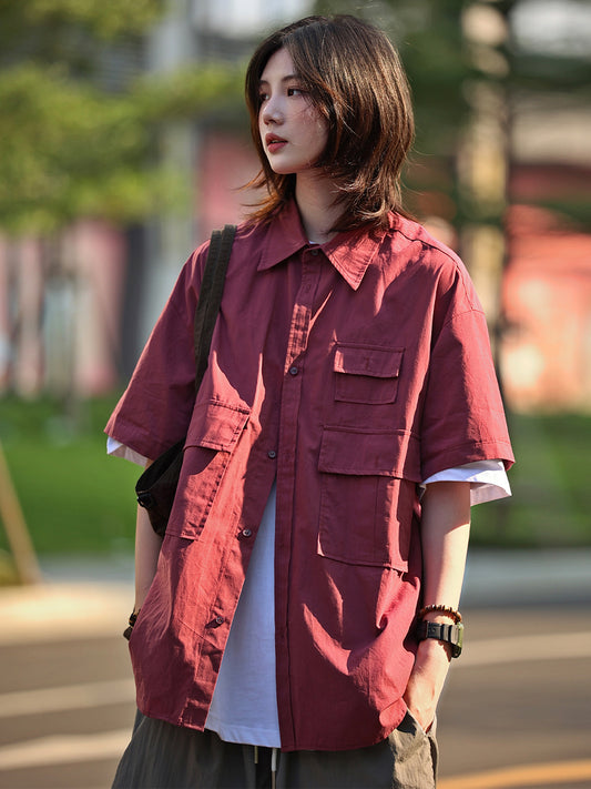 [Oneblue Shop] Plain Work Shirt Short Sleeve Loose Summer LS060401