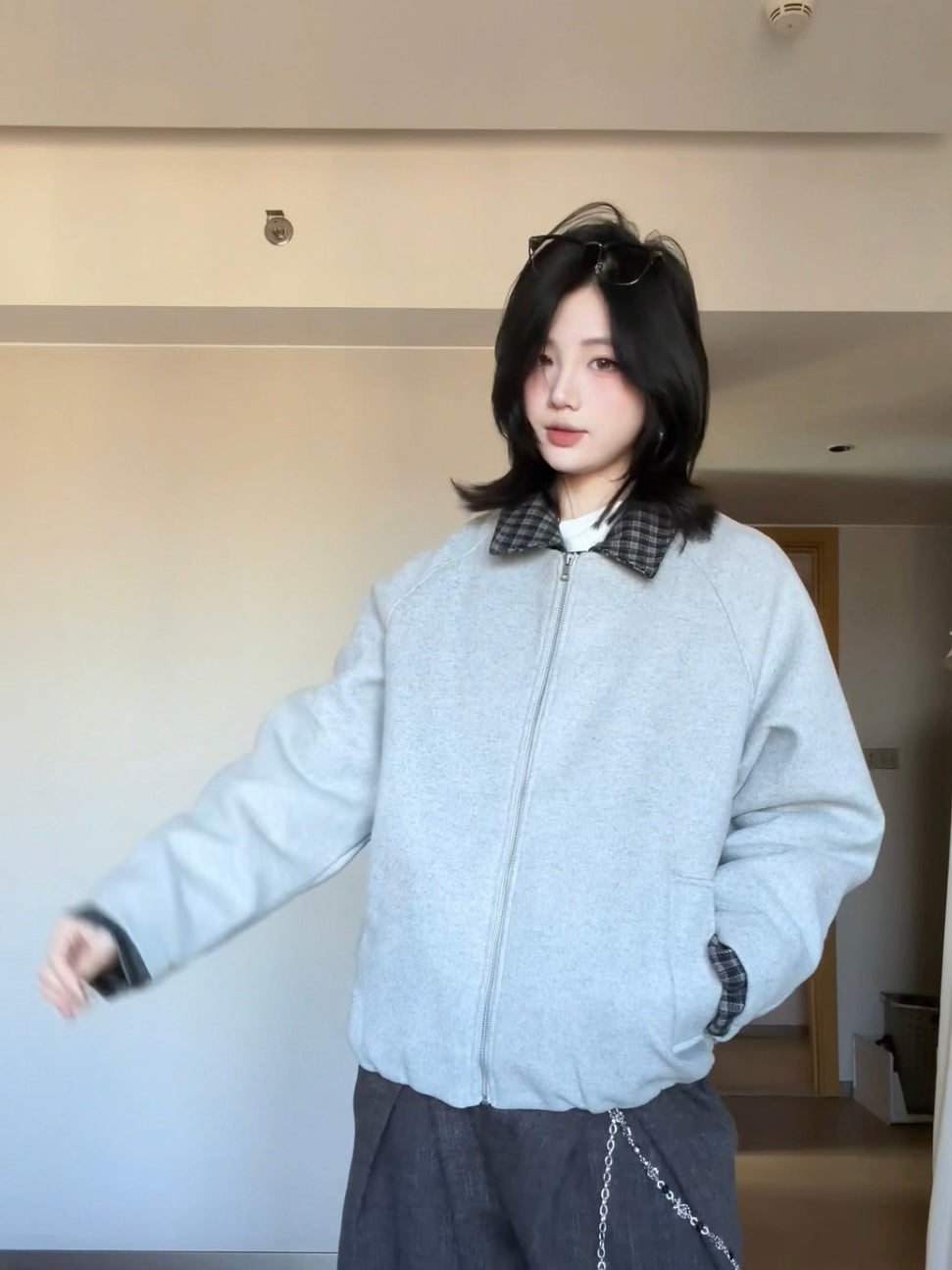 【Oneblue Shop】【2way風】フェイクレイヤード メルトン ウールブルゾン / ビッグシルエット 襟付きコート LS2601091