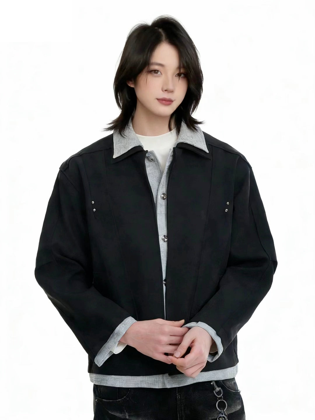 【Oneblue Shop】フェイクレイヤード 襟付き ジャケット（2Colors）241550