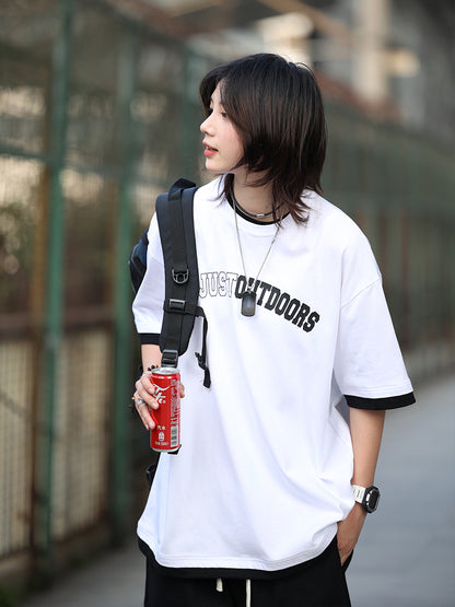 [Oneblue Shop] Simple short-sleeved T-shirt couple 300g heavy fake two clothes LS051401