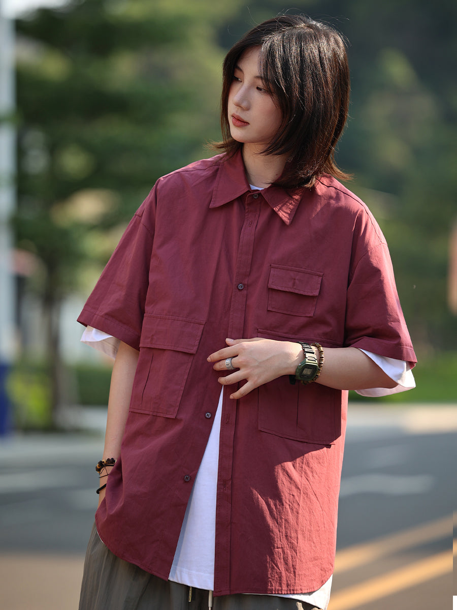 [Oneblue Shop] Plain Work Shirt Short Sleeve Loose Summer LS060401