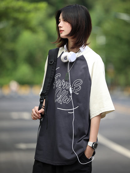 【Oneblue Shop】男女兼用のカラーブロックドロップショルダーショートスリーブTシャツ LS070805